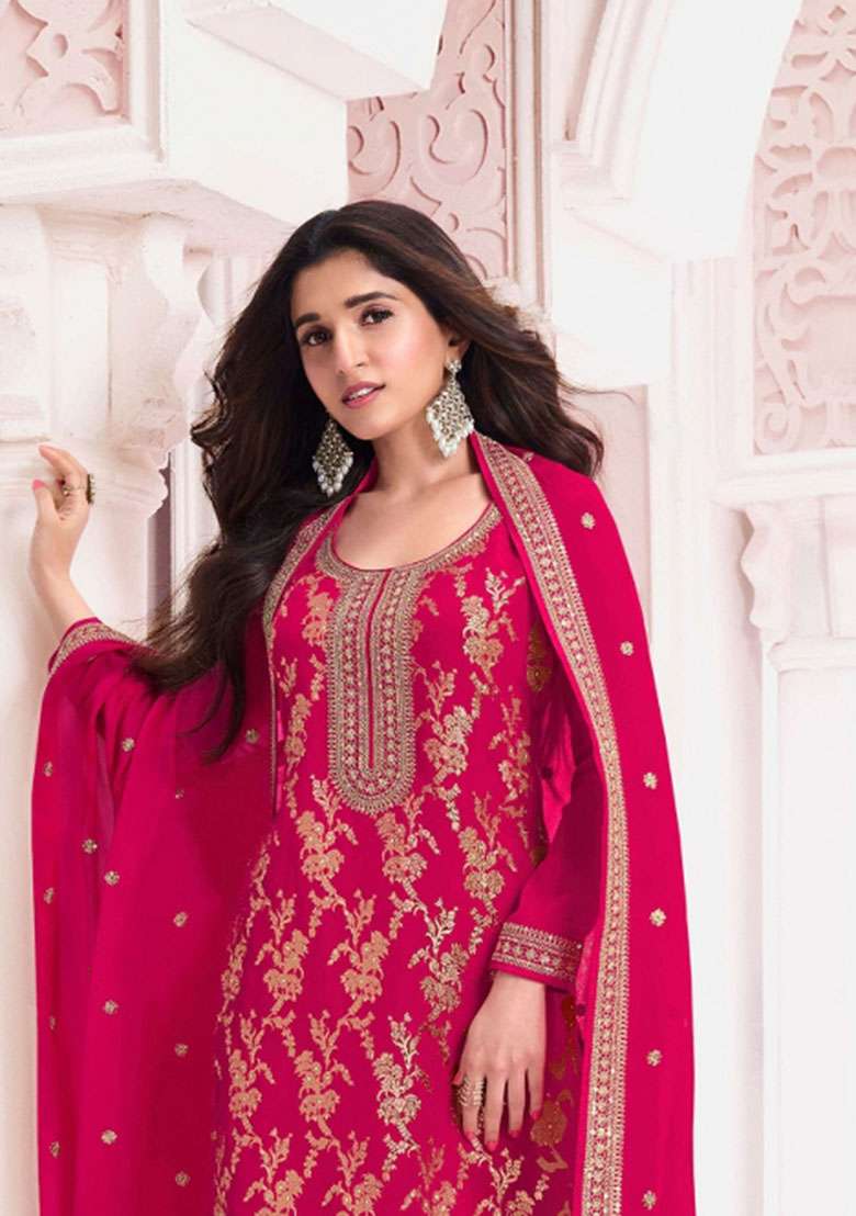 Rani Pink Embroidered Silk Blend Salwar Kameez - Indya