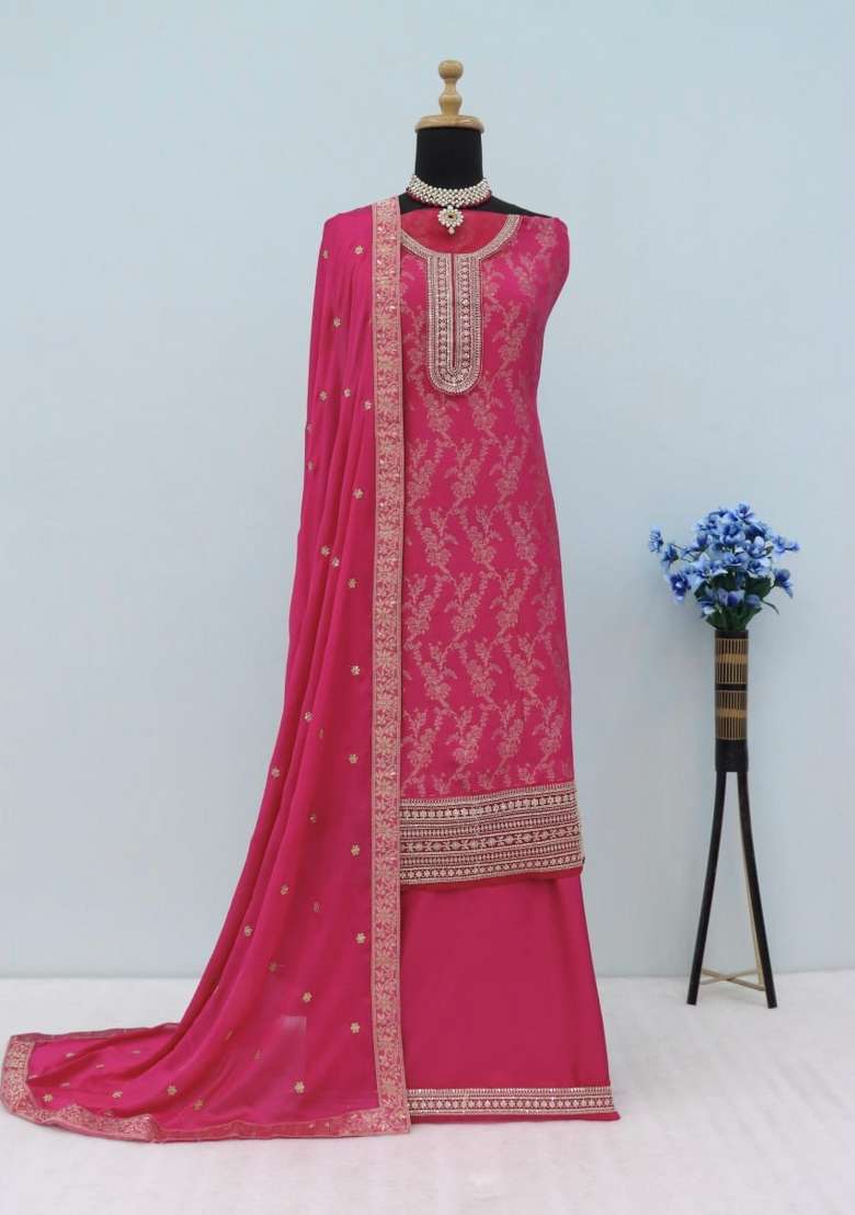 Rani Pink Embroidered Silk Blend Salwar Kameez - Indya