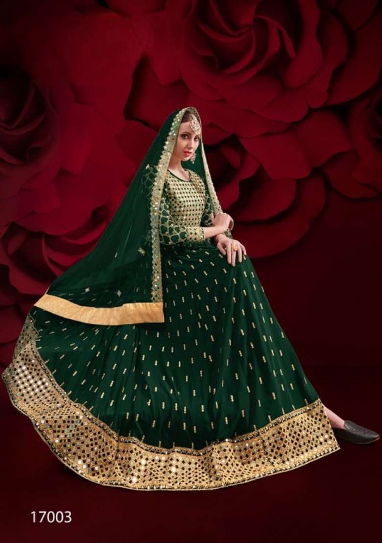 Dark Green Embroidered Georgette Anarkali Set - Indya