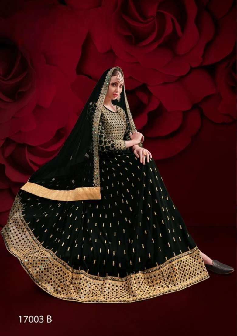 Black Embroidered Georgette Anarkali Set - Indya
