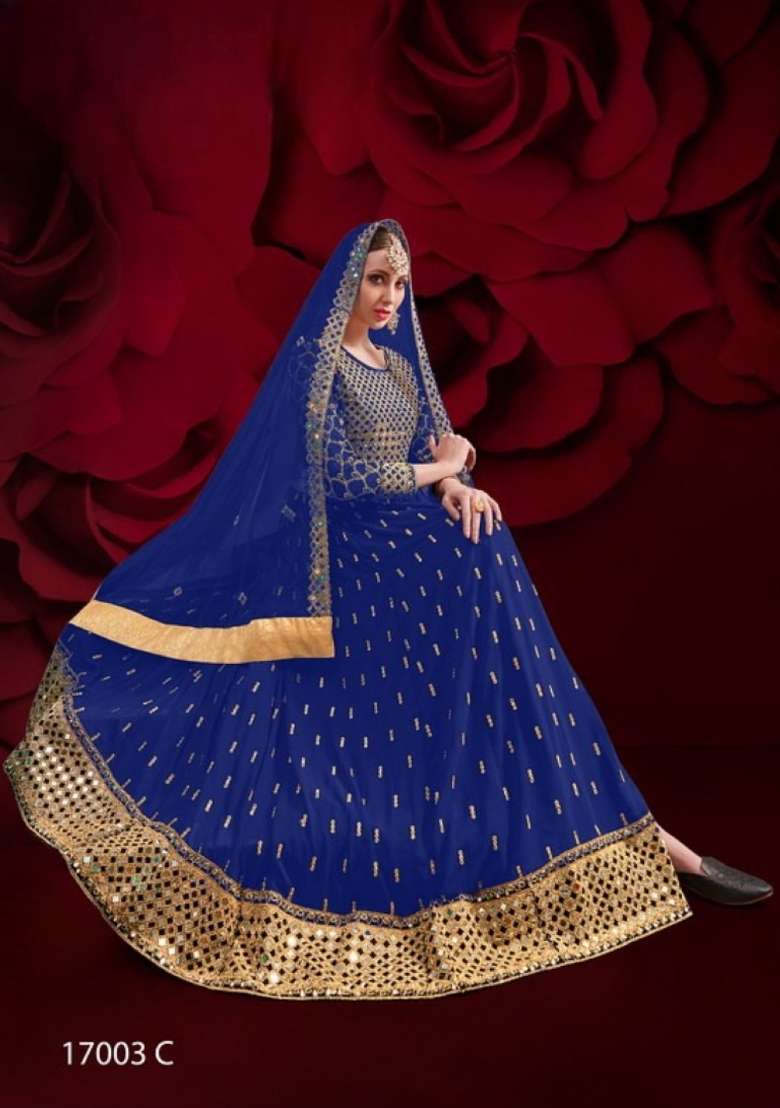 Navy Blue Embroidered Georgette Anarkali Set - Indya