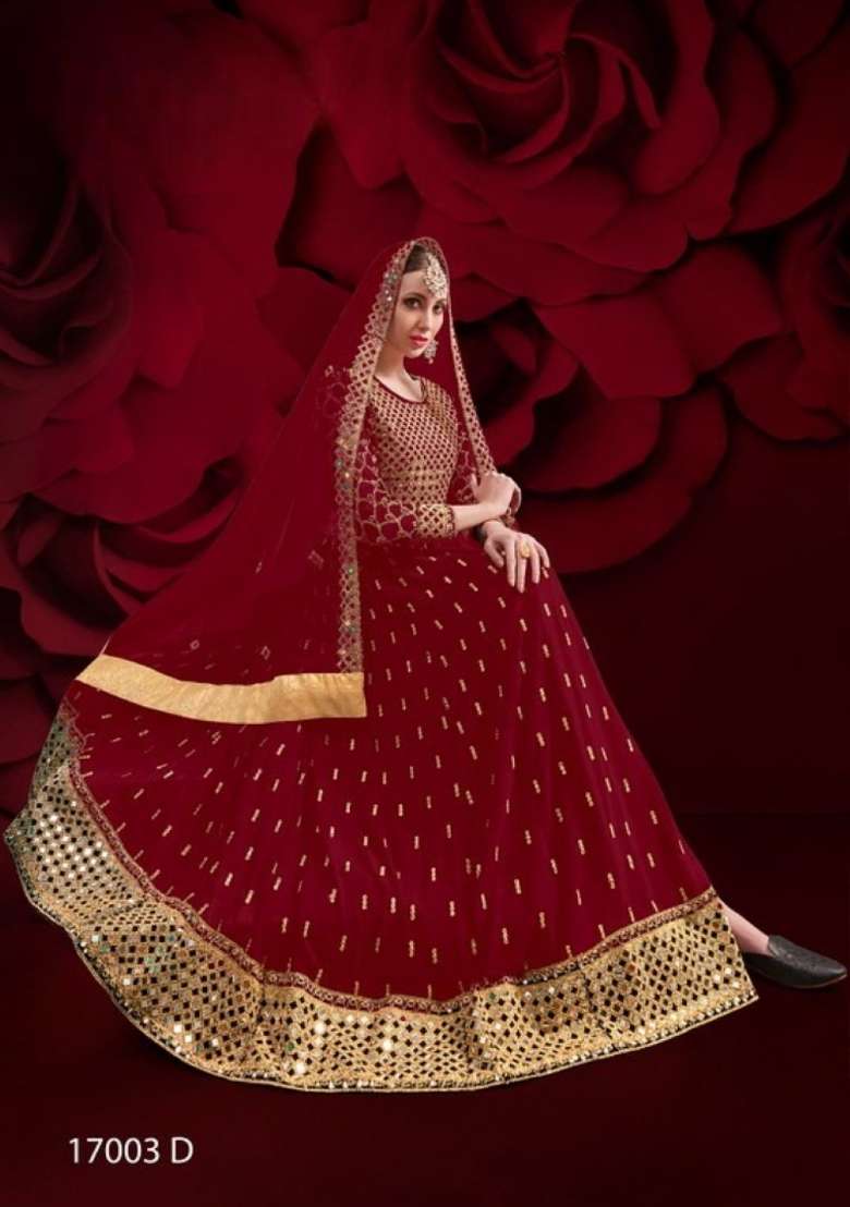 Red Embroidered Georgette Anarkali Set - Indya