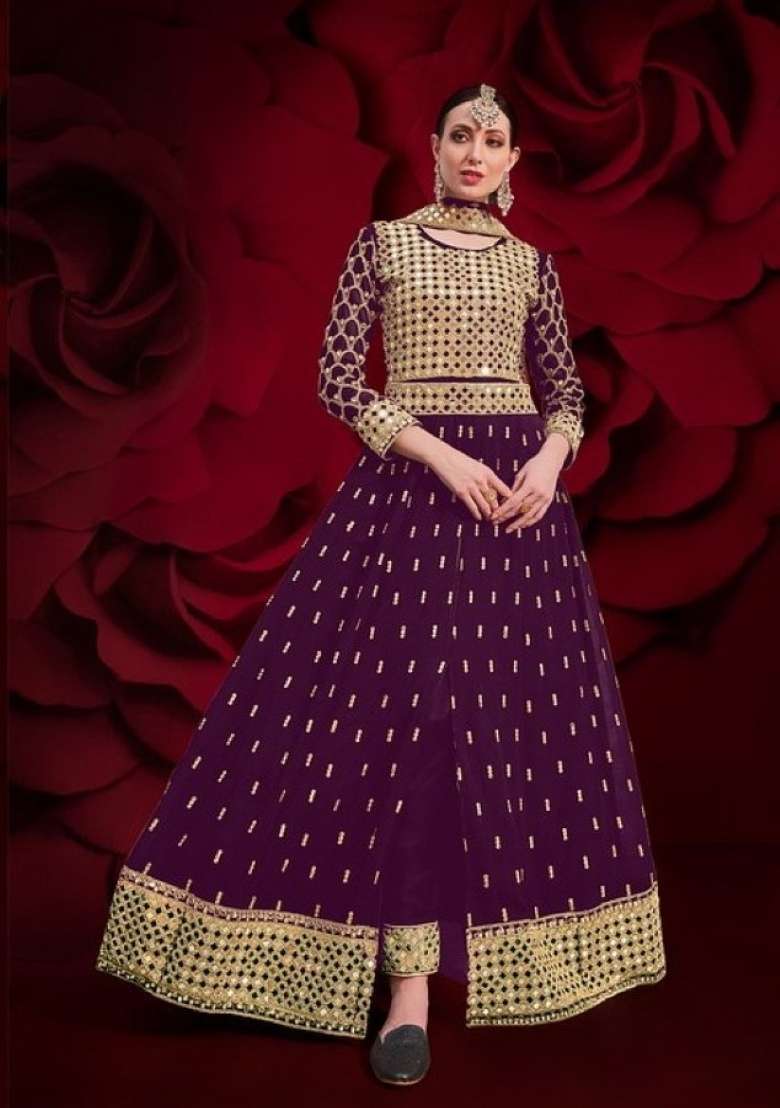 Purple Embroidered Georgette Anarkali Set - Indya