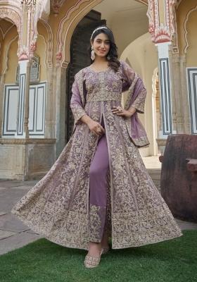 Lavender Embroidered Net Anarkali Set