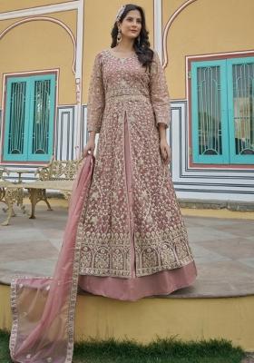 Peach Embroidered Net Anarkali Set