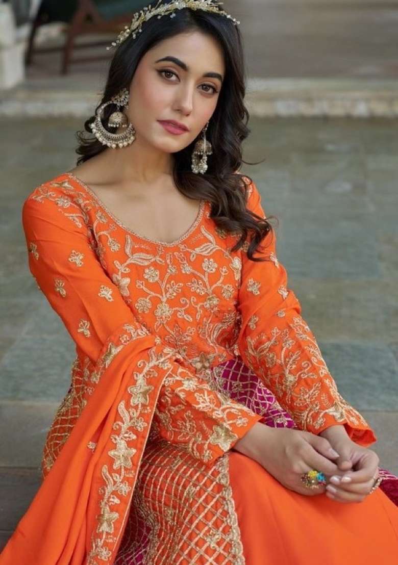 Orange Embroidered Silk Blend Anarkali Set - Indya