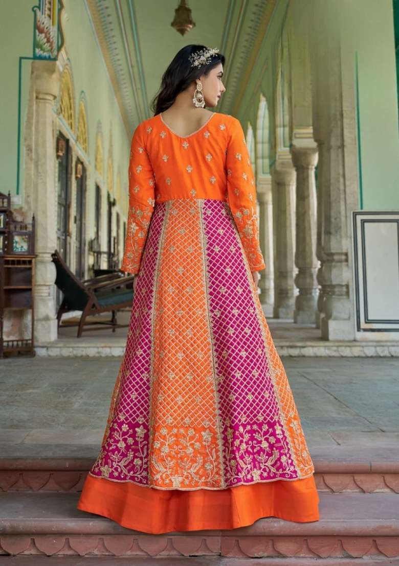 Orange Embroidered Silk Blend Anarkali Set - Indya