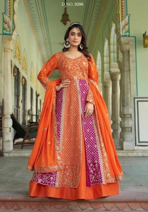 Orange Embroidered Silk Blend Anarkali Set