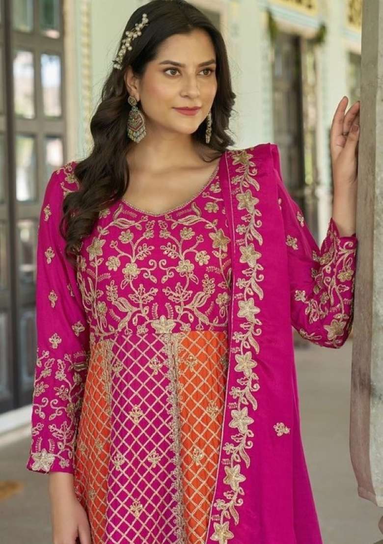Magenta Embroidered Silk Blend Anarkali Set - Indya