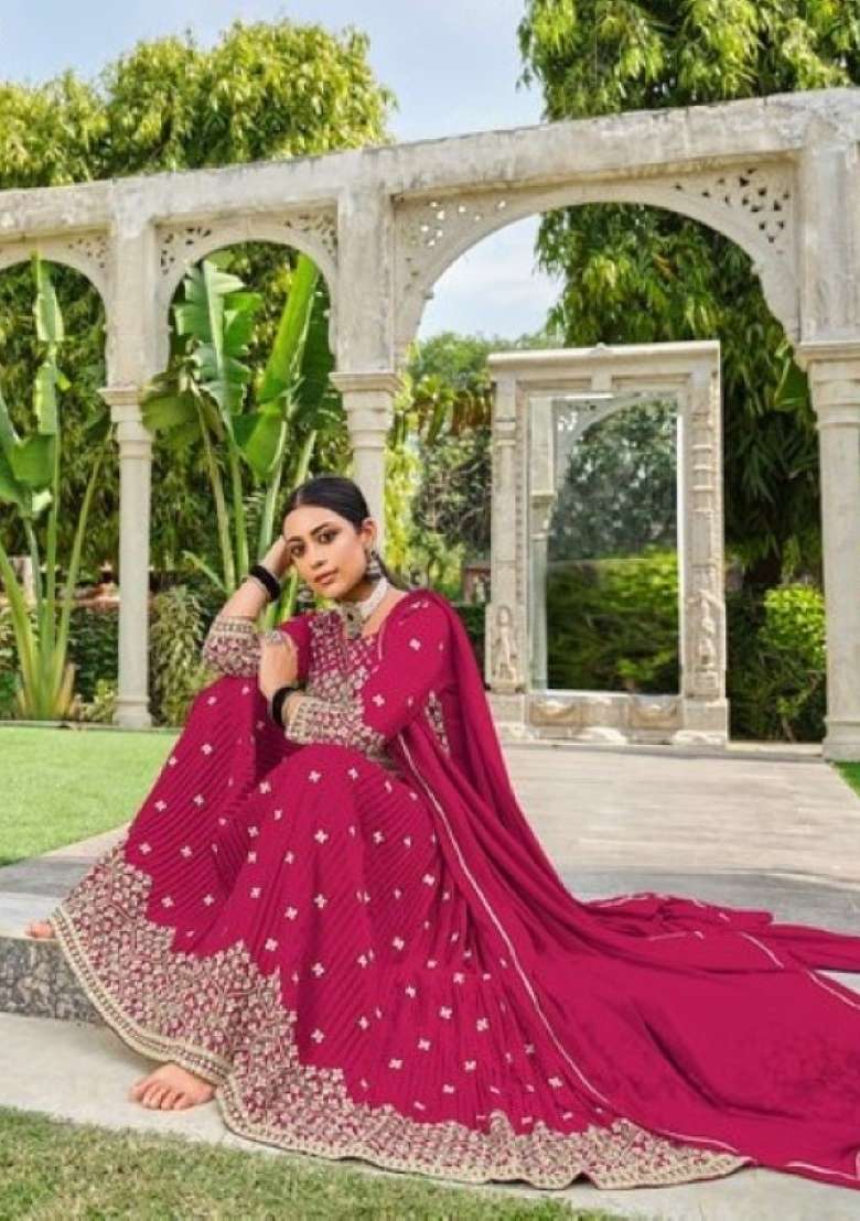 Red Embroidered Georgette Salwar Kameez - Indya