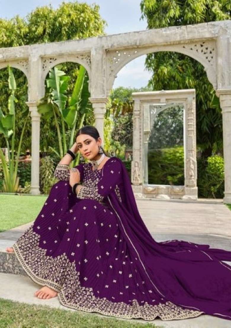 Purple Embroidered Georgette Salwar Kameez - Indya