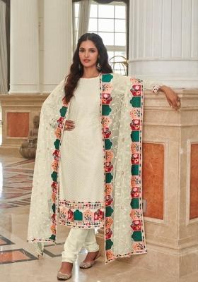 Cream Embroidered Georgette Salwar Kameez