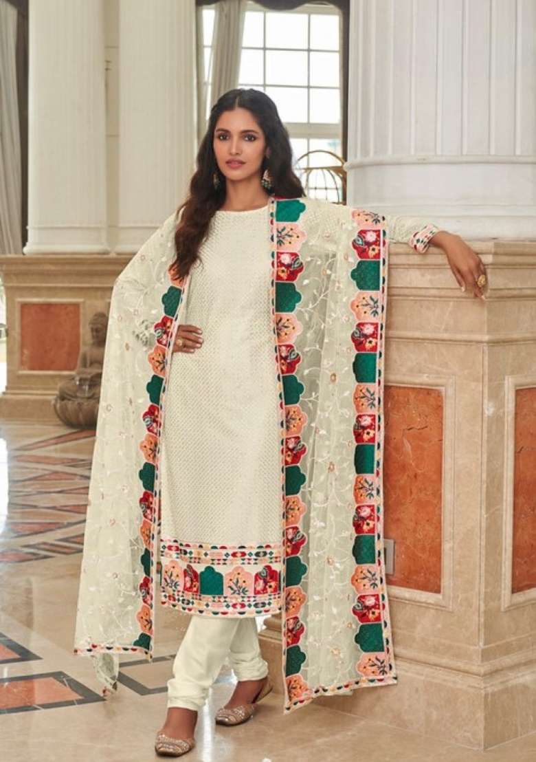 Cream Embroidered Georgette Salwar Kameez - Indya