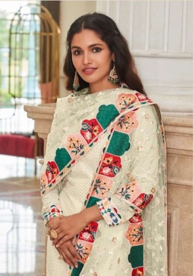 Cream Embroidered Georgette Salwar Kameez - Indya