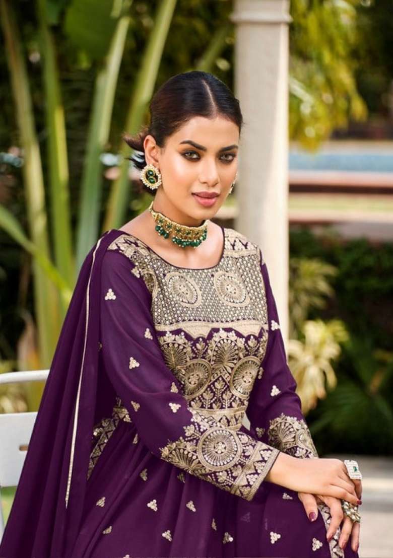 Purple Embroidered Georgette Salwar Kameez - Indya