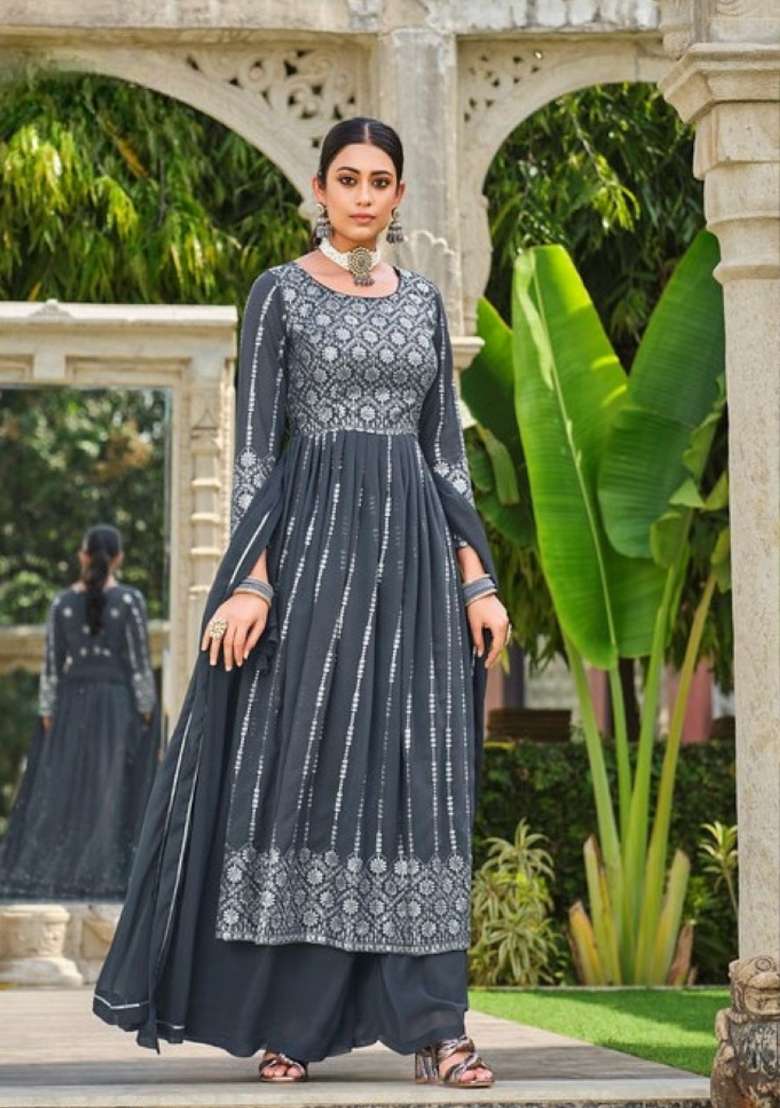 Blue Embroidered Georgette Salwar Kameez - Indya