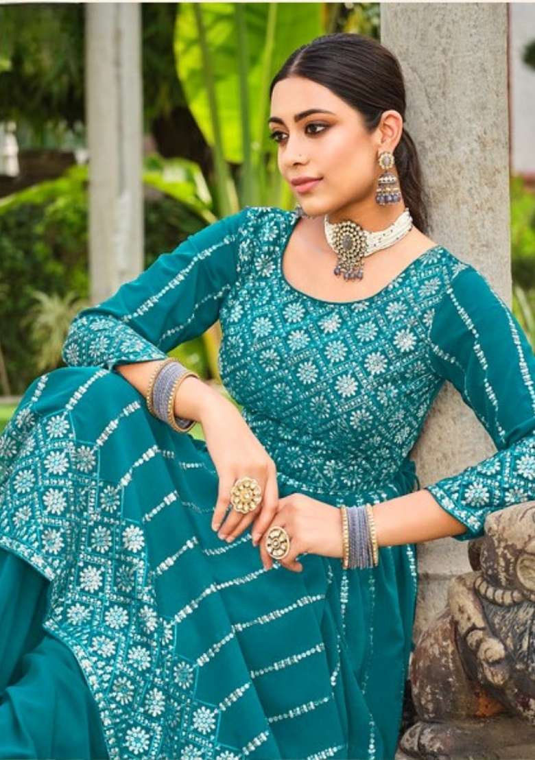 Blue Embroidered Georgette Salwar Kameez - Indya