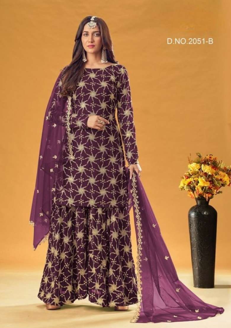 Purple Embroidered Georgette Salwar Kameez - Indya