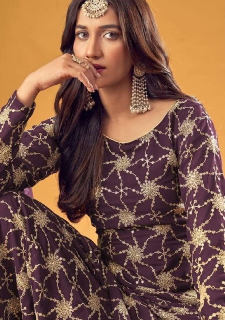 Purple Embroidered Georgette Salwar Kameez - Indya