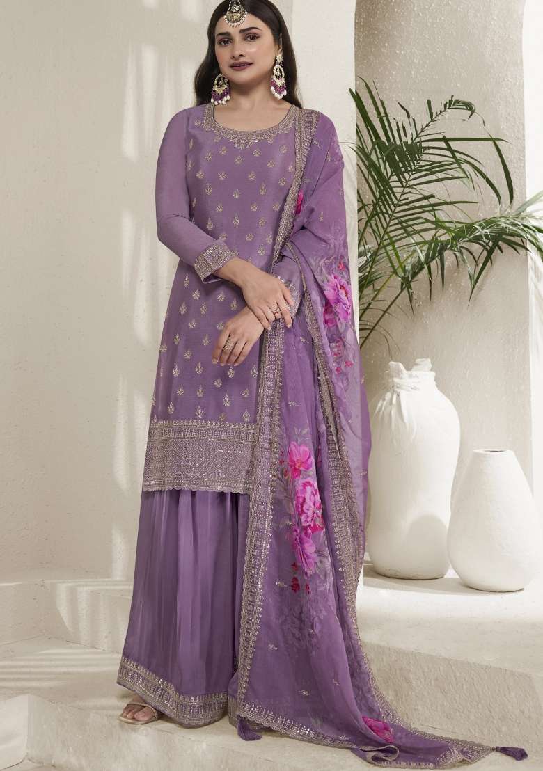 Purple Embroidered Silk Blend Salwar Kameez - Indya