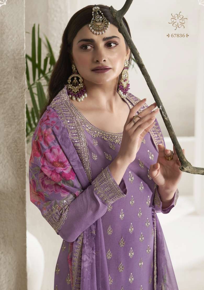 Purple Embroidered Silk Blend Salwar Kameez - Indya