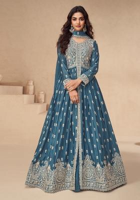 Teal Embroidered Chiffon Anarkali Set