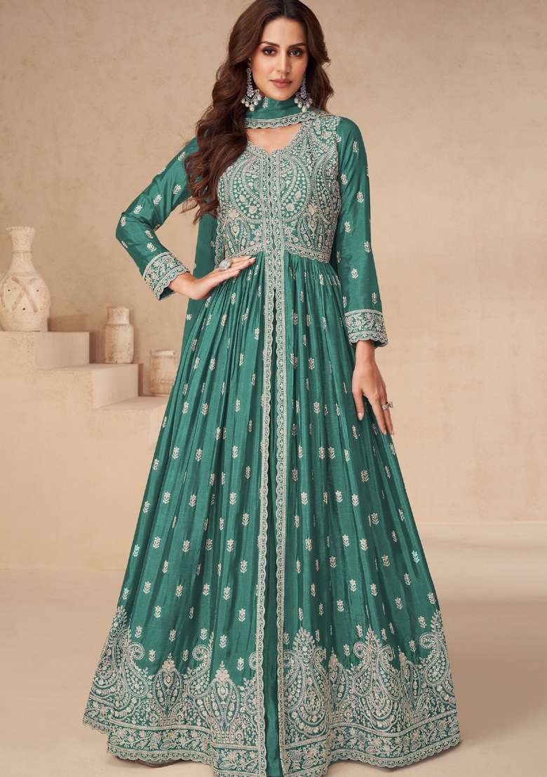 Green Embroidered Chiffon Anarkali Set - Indya