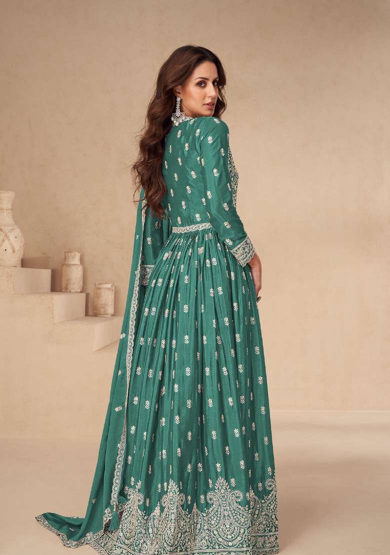 Green Embroidered Chiffon Anarkali Set - Indya