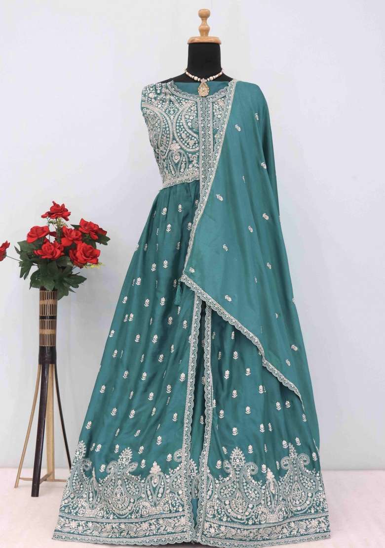 Green Embroidered Chiffon Anarkali Set - Indya