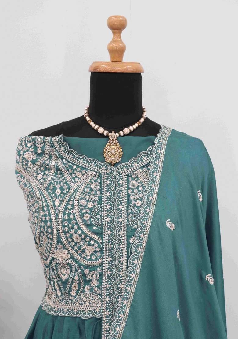 Green Embroidered Chiffon Anarkali Set - Indya