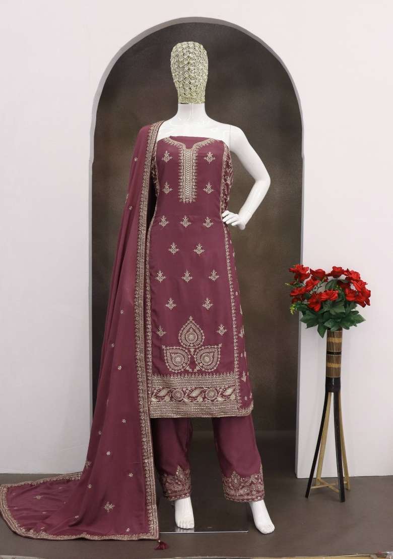 Purple Embroidered Silk Blend Salwar Kameez - Indya
