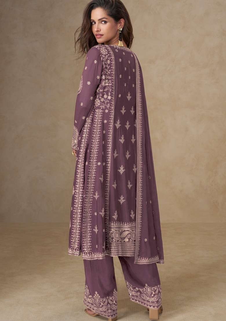 Purple Embroidered Silk Blend Salwar Kameez - Indya