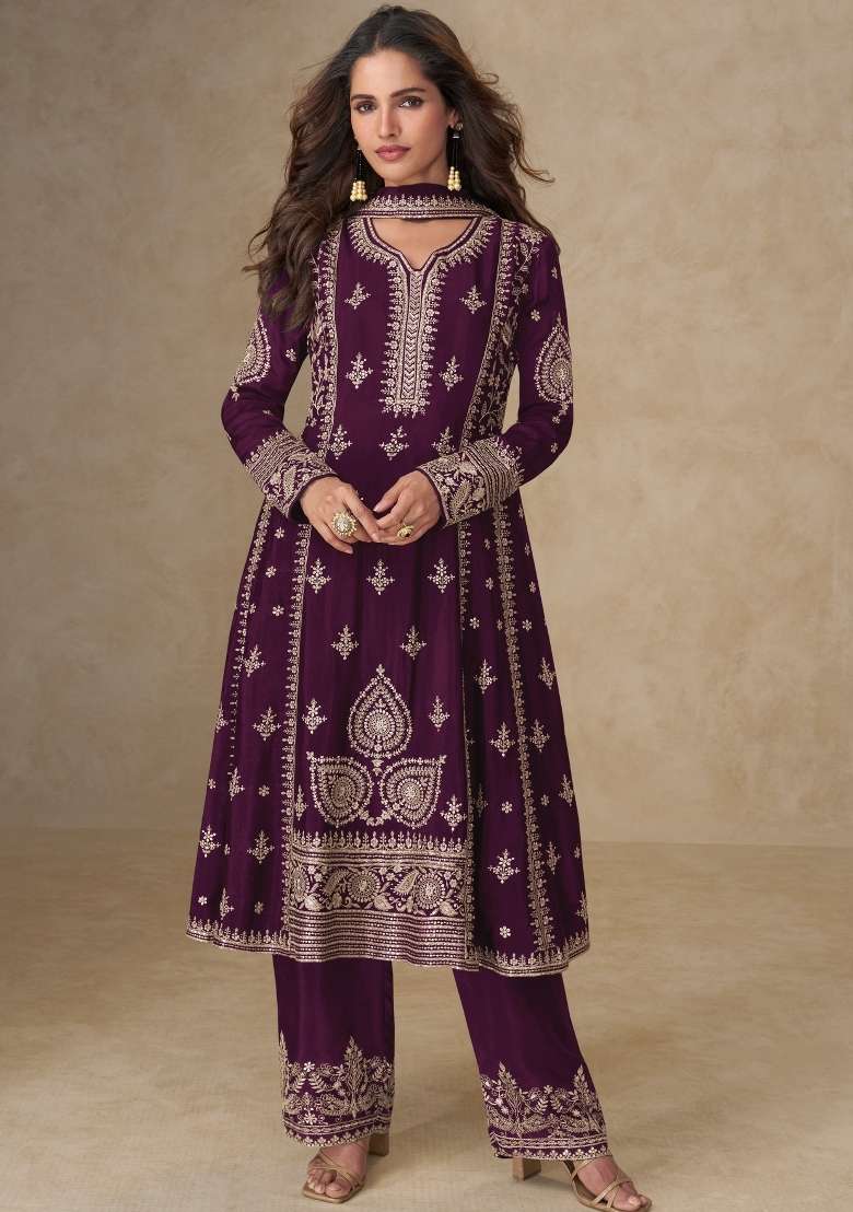 Dark Purple Embroidered Silk Blend Salwar Kameez - Indya