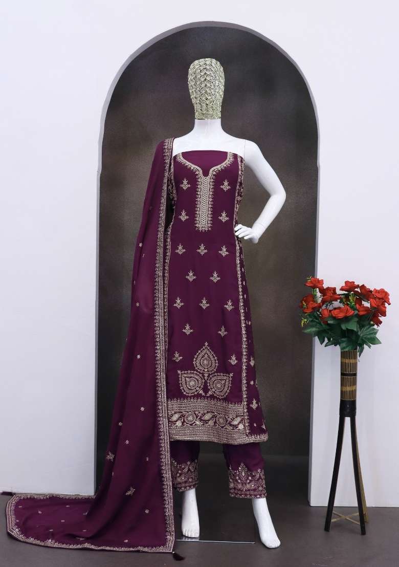 Dark Purple Embroidered Silk Blend Salwar Kameez - Indya