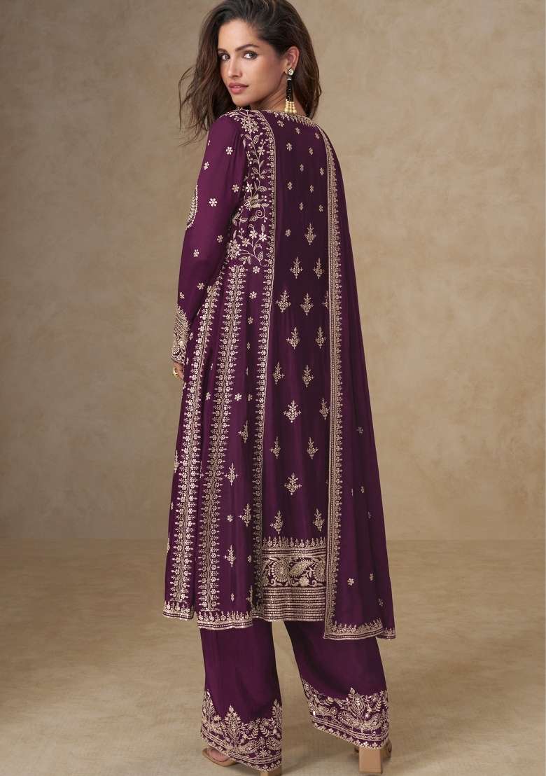 Dark Purple Embroidered Silk Blend Salwar Kameez - Indya