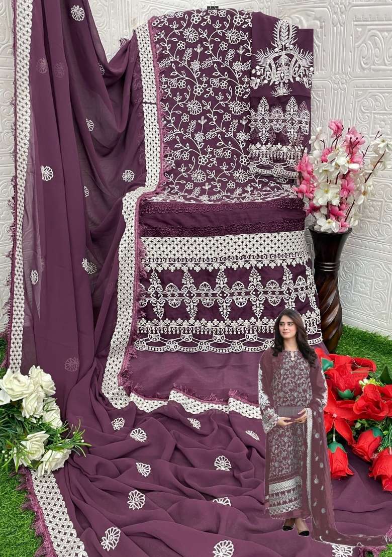Purple Embroidered Georgette Salwar Kameez - Indya