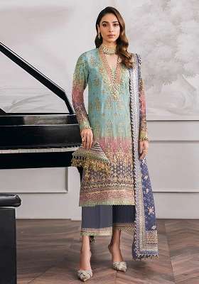 Sky Blue Embroidered Georgette Pakistani Suit
