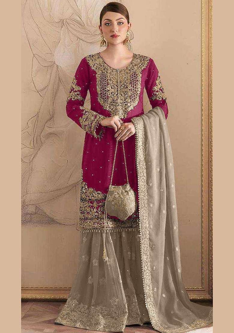 Pink Embroidered Georgette Pakistani Suit - Indya