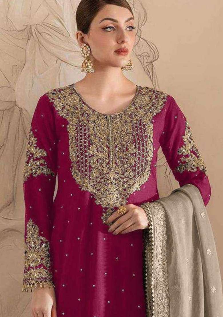 Pink Embroidered Georgette Pakistani Suit - Indya