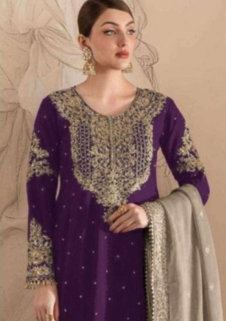 Lavender Embroidered Georgette Pakistani Suit - Indya