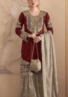 Maroon Embroidered Georgette Pakistani Suit