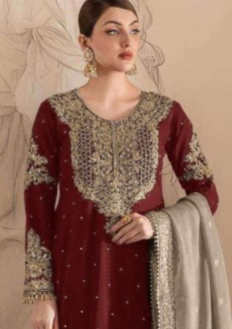 Maroon Embroidered Georgette Pakistani Suit - Indya