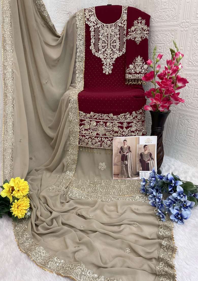 Maroon Embroidered Georgette Pakistani Suit - Indya