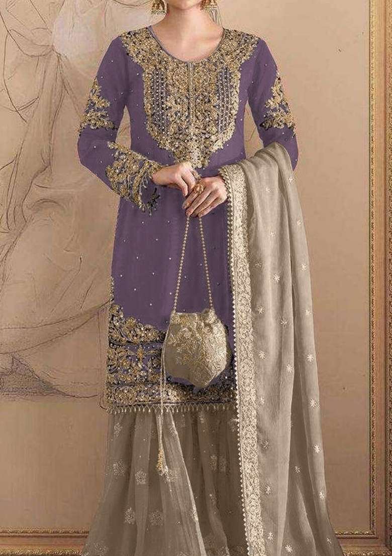 Purple Embroidered Georgette Pakistani Suit - Indya