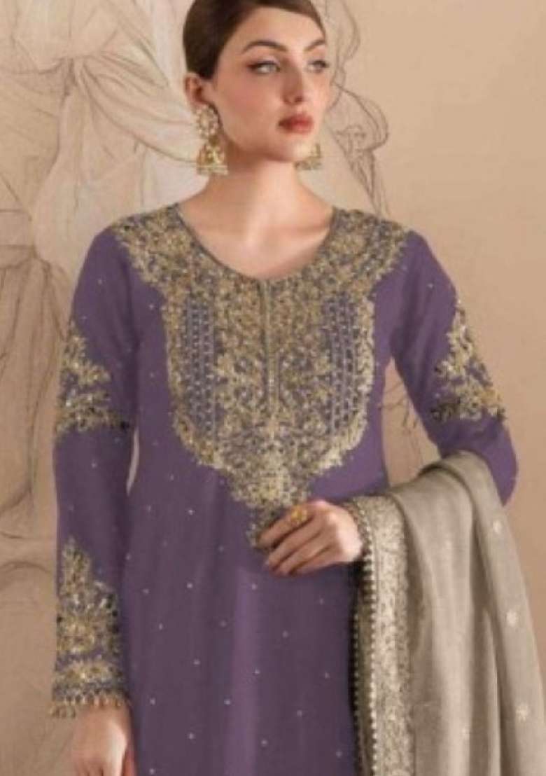 Purple Embroidered Georgette Pakistani Suit - Indya