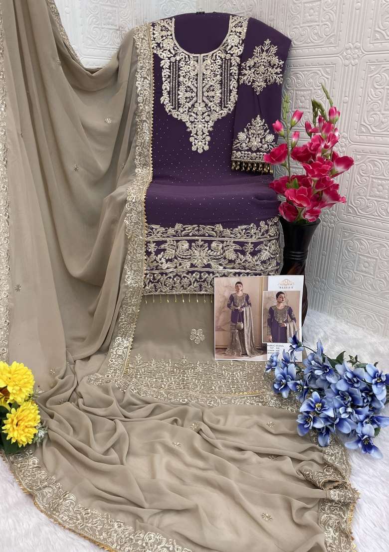Purple Embroidered Georgette Pakistani Suit - Indya