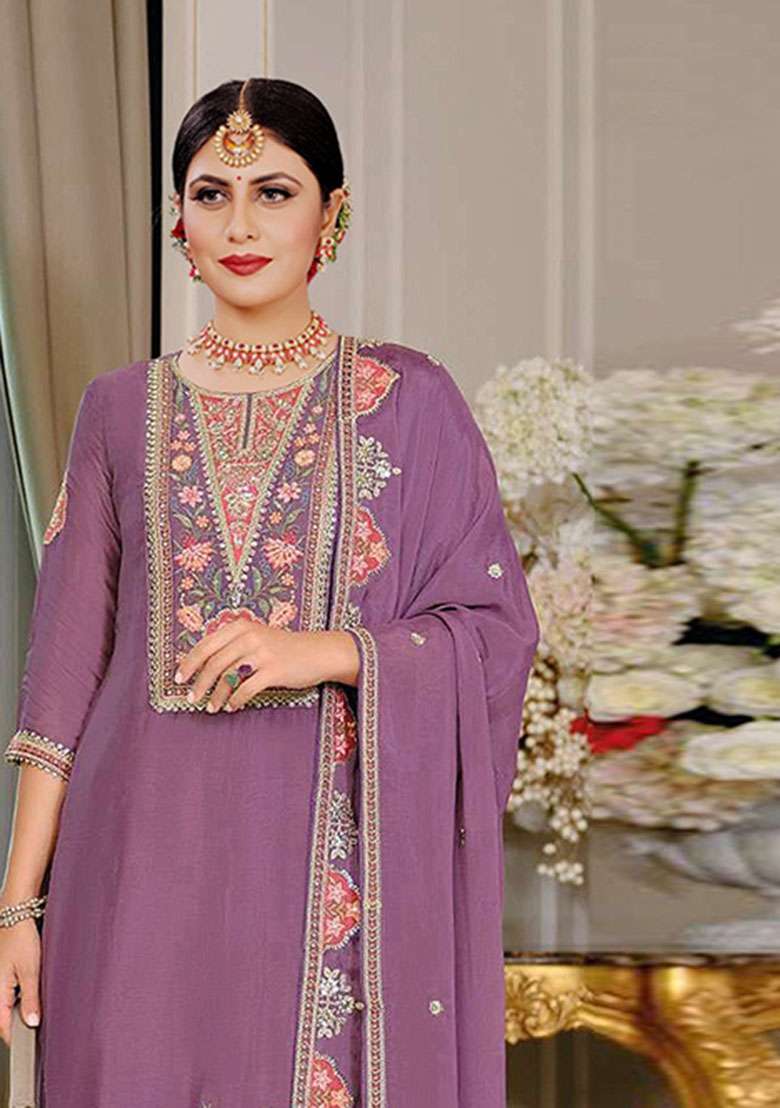 Purple Embroidered Silk Salwar Kameez - Indya