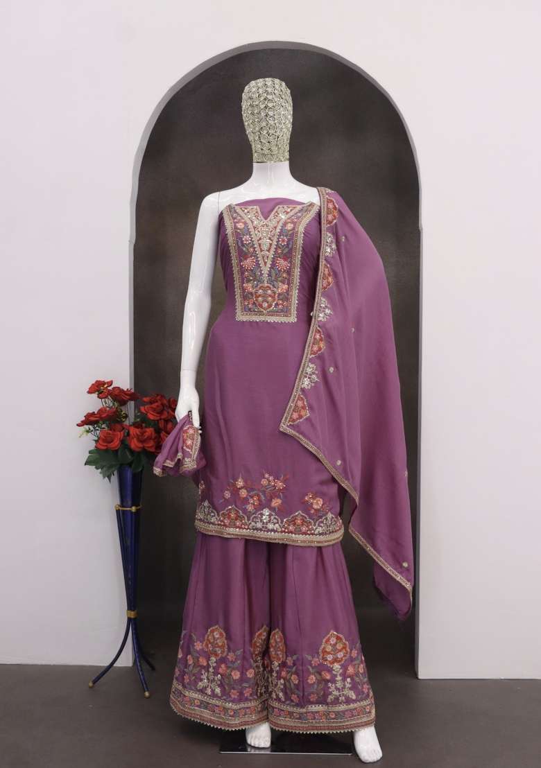 Purple Embroidered Silk Salwar Kameez - Indya