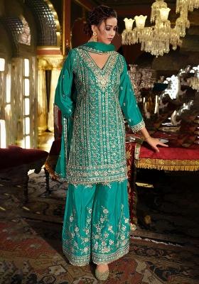 Turquoise Embroidered Silk Blend Salwar Kameez