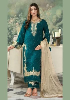 Teal Green Embroidered Georgette Pakistani Suit